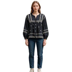 Free People All Roads Lead to You Embroidered Top Blouse Shirt Blue White Small